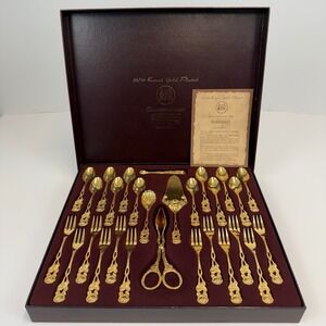 Solingen 23/24K Gold Plated Hostess Flatware Set 28pc Rose Pattern West Germany